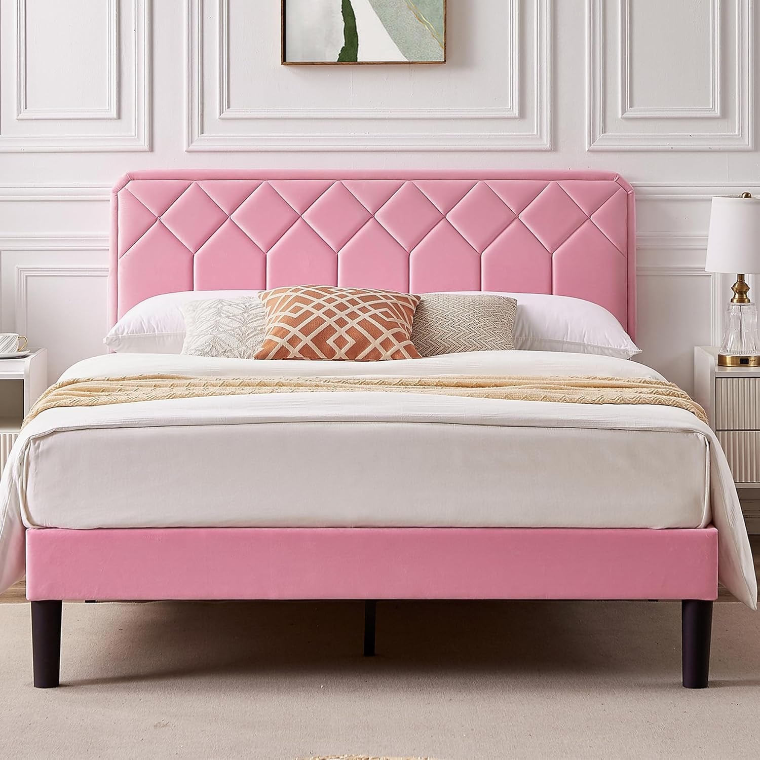 Queen Size Velvet Upholstered Platform Bed Frame with Adjustable Headboard, No Box Spring Needed, Easy Assembly
