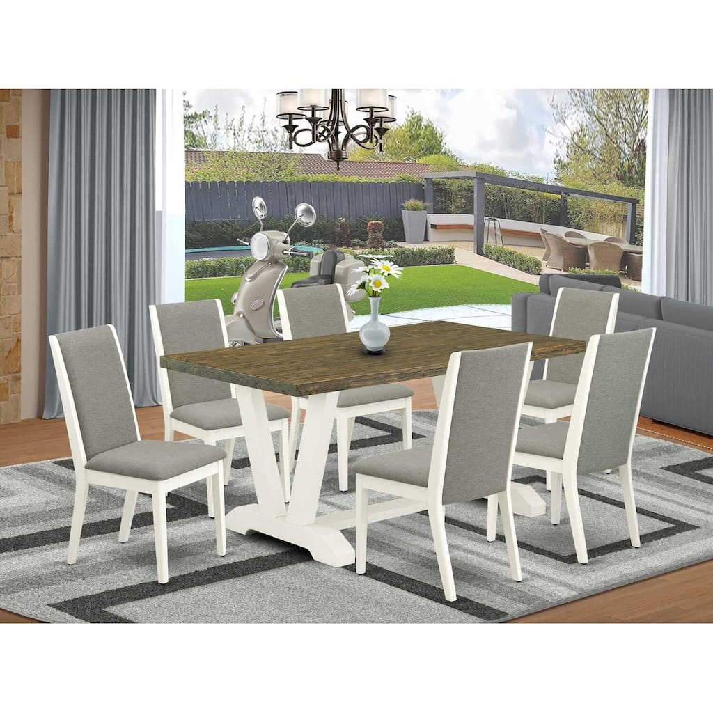 HomeStock 7-Piece Wire Brushed Linen White Finish Solid Wood Top Dining Table with 6-Chairs
