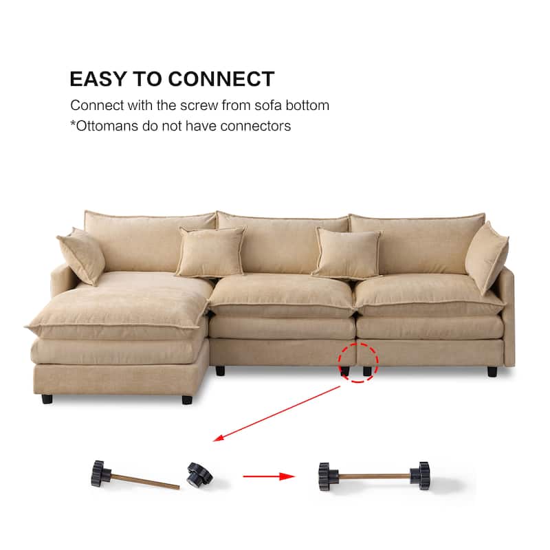 Chenille Upholstered L-shaped Sectional Sofa 3 Seater Modular Couch with Ottoman, Pillows and Double Layer Seat Cushions