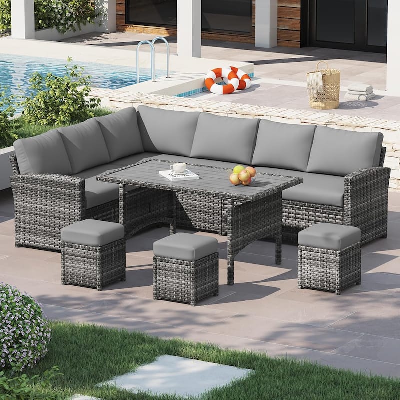 AECOJOY 7-Piece Outdoor Patio Wicker Sectional Sofa with Dining Table - Grey