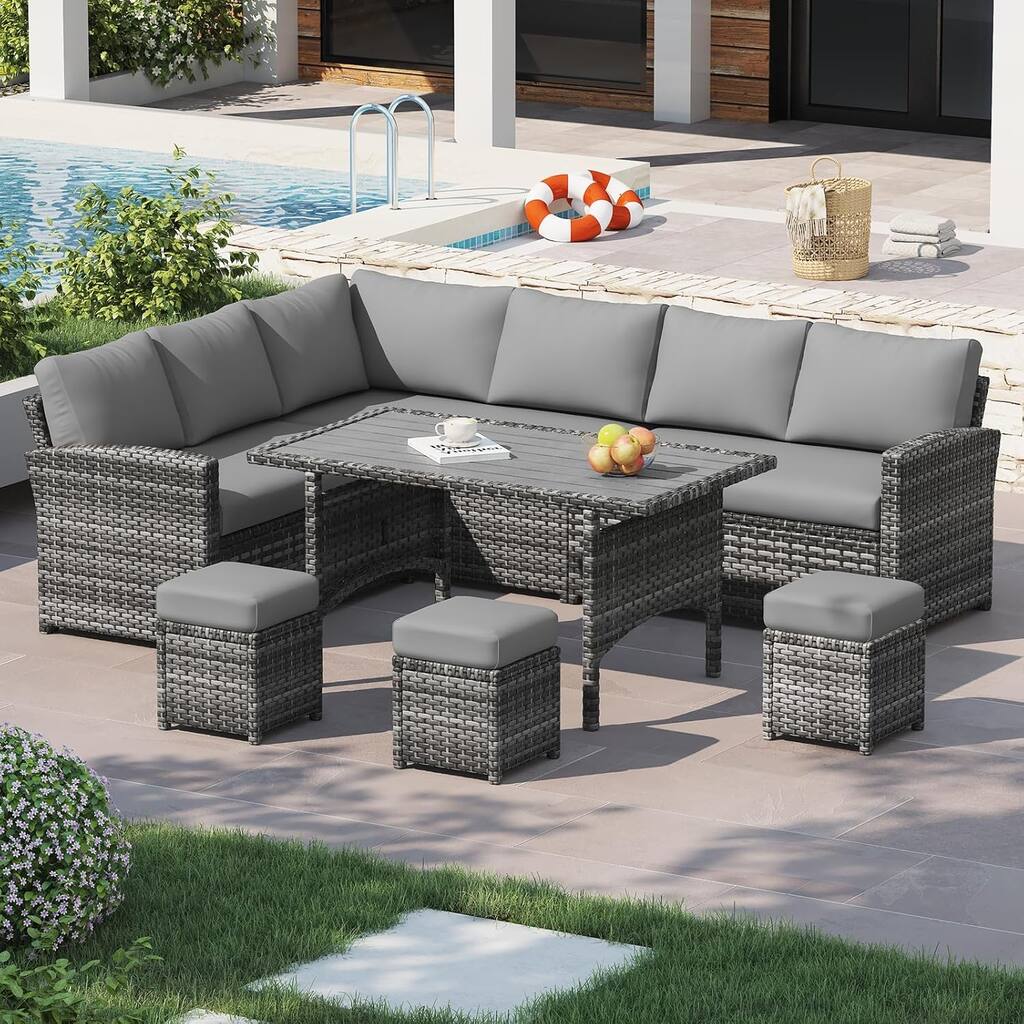 AECOJOY 7-Piece Outdoor Patio Wicker Sectional Sofa with Dining Table