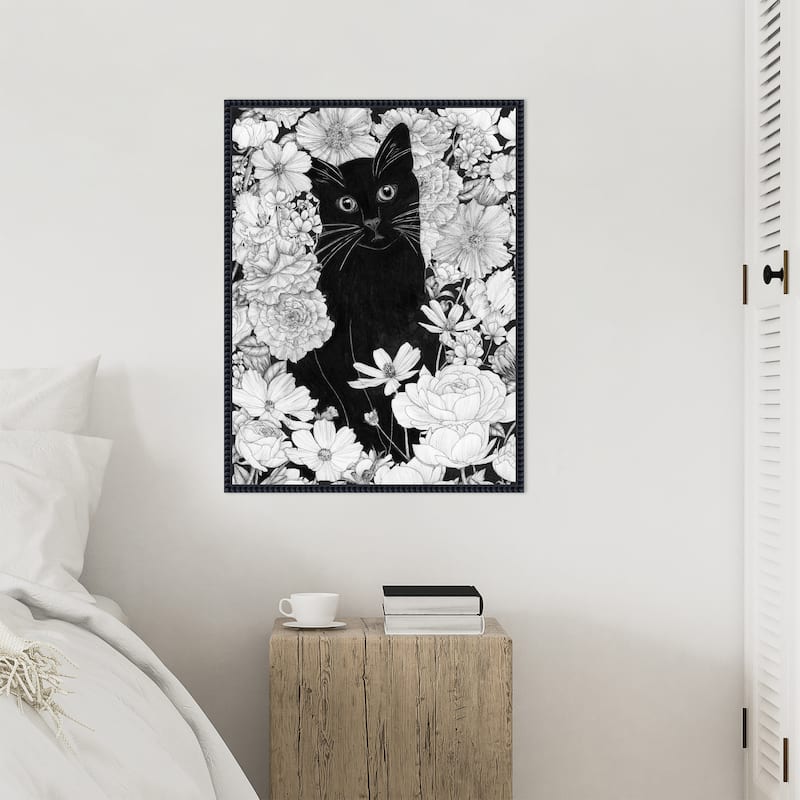 Little Black Garden Cat by Ec Mazur Framed Canvas Wall Art