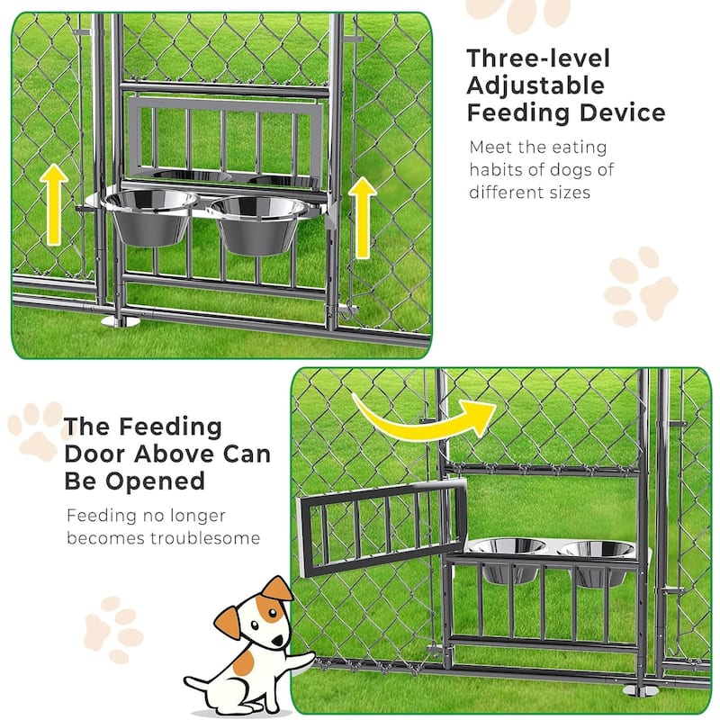 Outdoor Dog Kennel with Roof and Bowls, Large Dog House Pen Enclosure with Sidebar