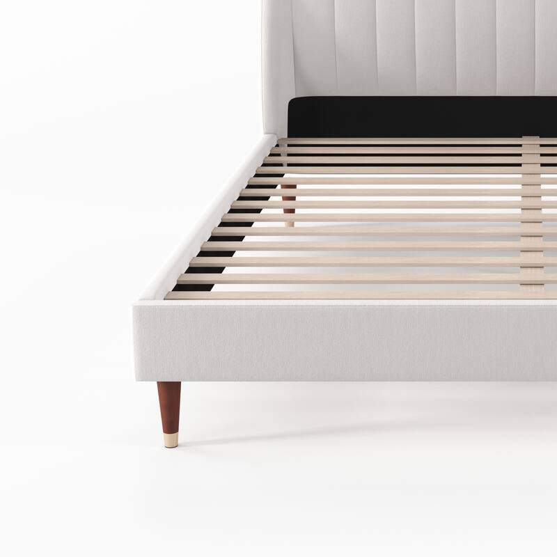 Beige Low Profile Upholstered Platform Bed with Wingback Headboard