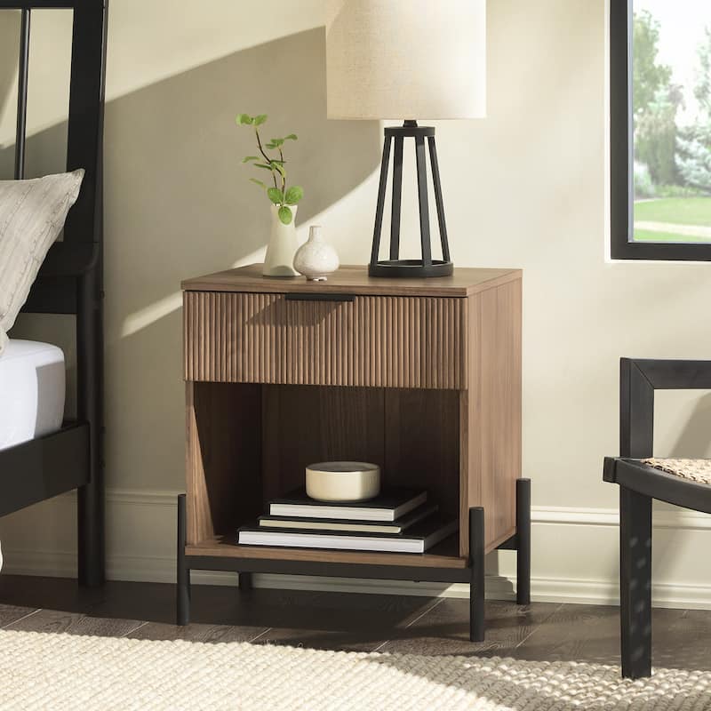 Modern Nightstand with Fluted Drawer and Open Cubby, Mocha Finish
