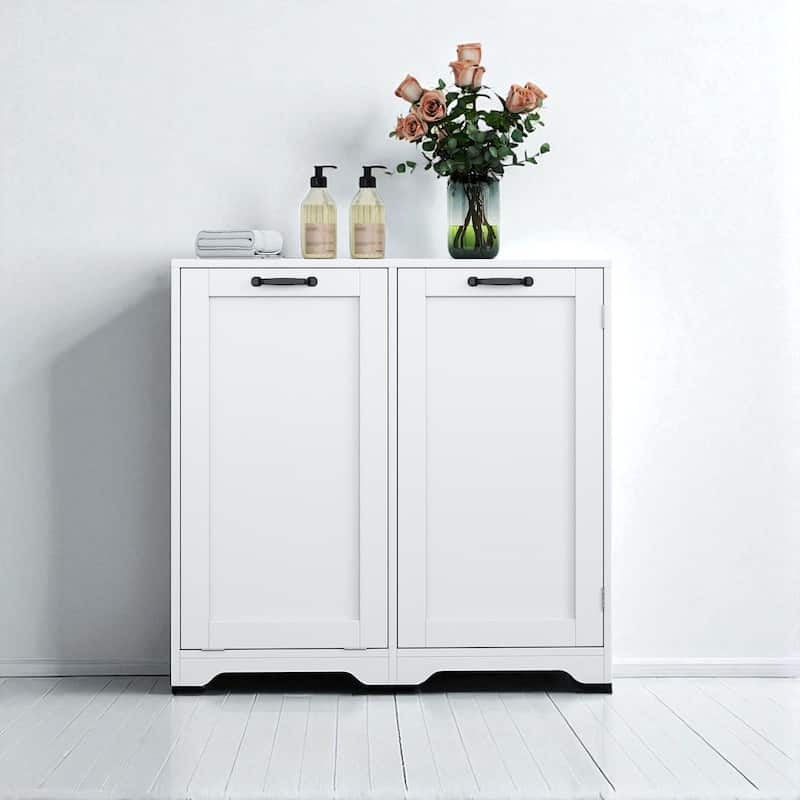 Freestanding Laundry Cabinet with Tilt-Out Laundry Hamper, Adjustable Shelf, 3 Shelves for Storage - White