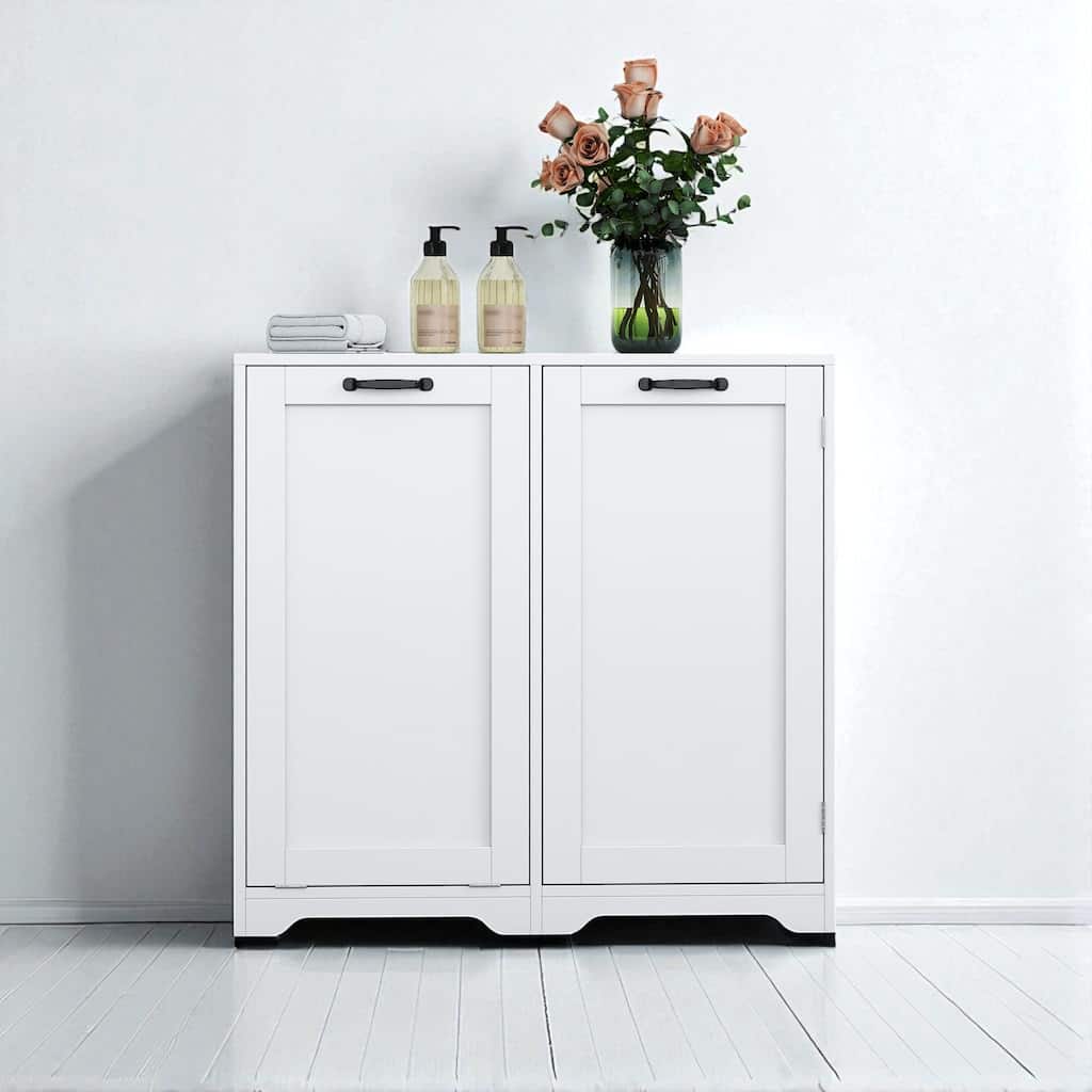 Freestanding Laundry Cabinet with Tilt-Out Laundry Hamper, Adjustable Shelf, 3 Shelves for Storage