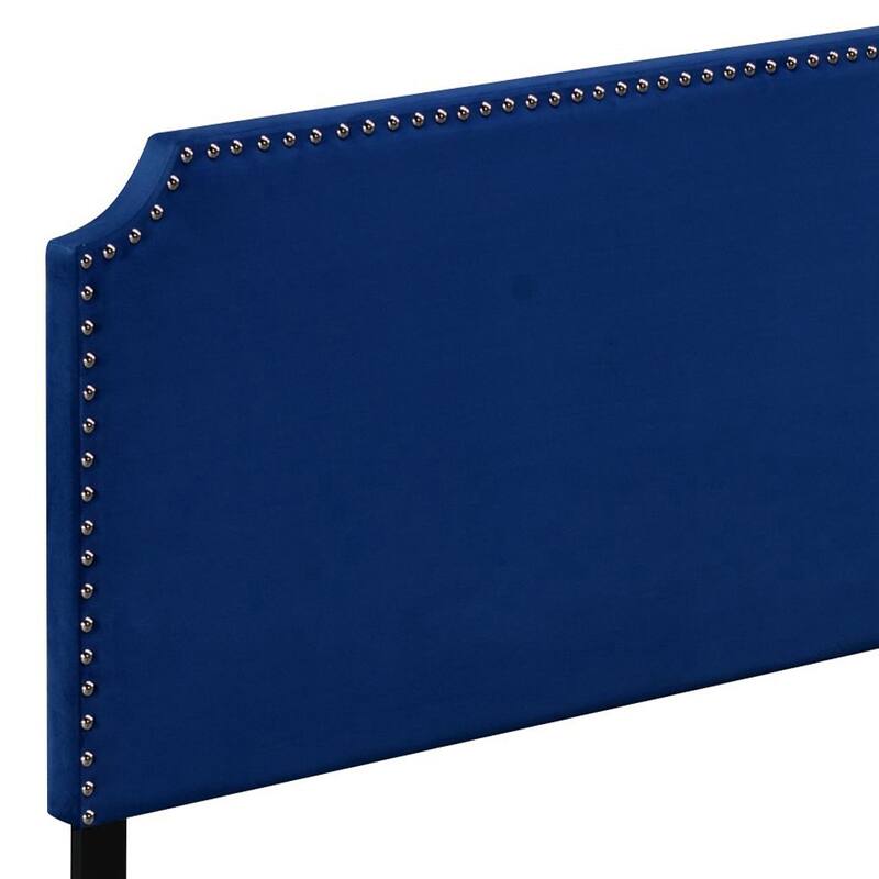 Queen Size Blue Velvet Upholstered Panel Bed with Scooped Headboard