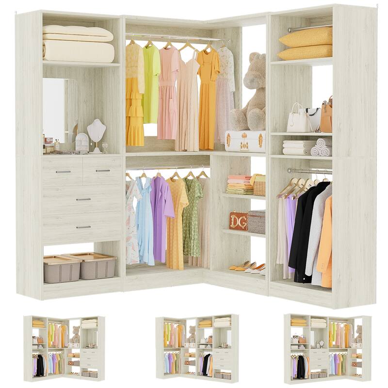 Cimly Set of 3 Corner Closet System with Hanging Rods, Space-saving Closet Organizer with Mirror - 86'' - Washed Oak