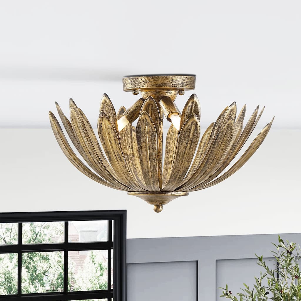 Gold Semi-Flush Mount Light 15" Hand Painted 3-Light Fixture