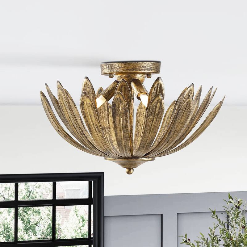 Gold Semi-Flush Mount Light 15" Hand Painted 3-Light Fixture - Gold