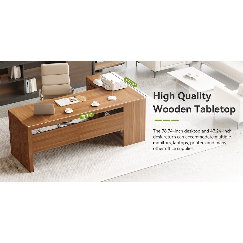 78.7" L-Shaped Executive Desk, Large Home Office Corner Desk with 2 File Drawers & Storage Shelves