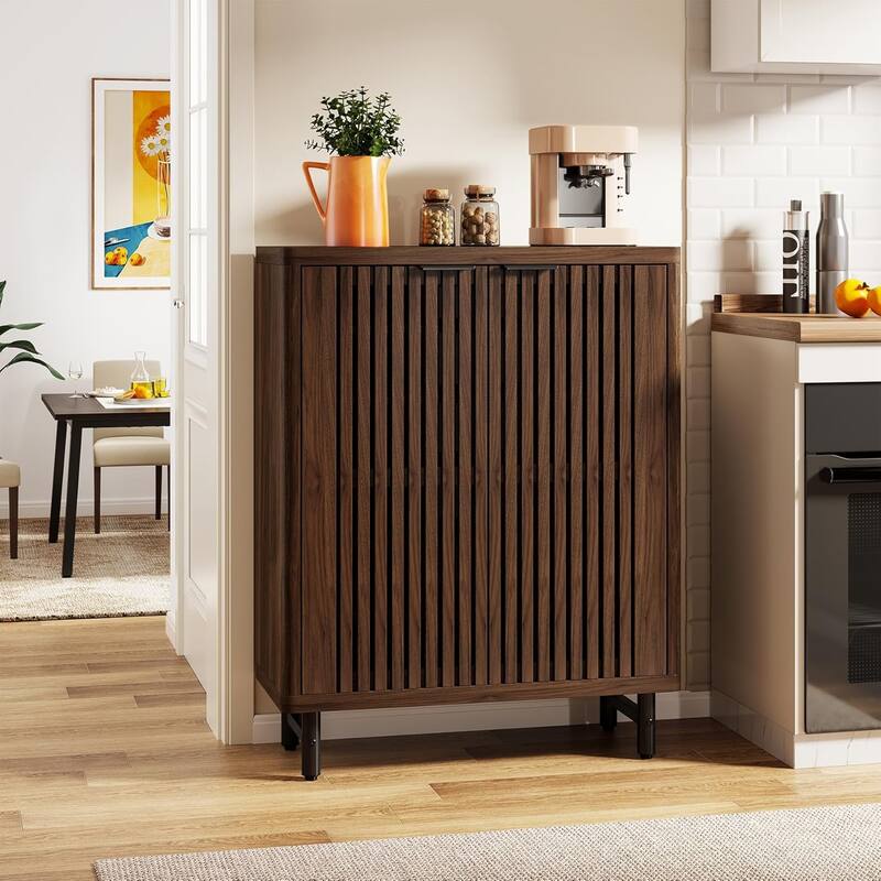 6-Tier Bathroom Floor Cabinet 2 Shutter Doors Adjustable Shelves Wooden Storage Sideboard for Kitchen/Living Room