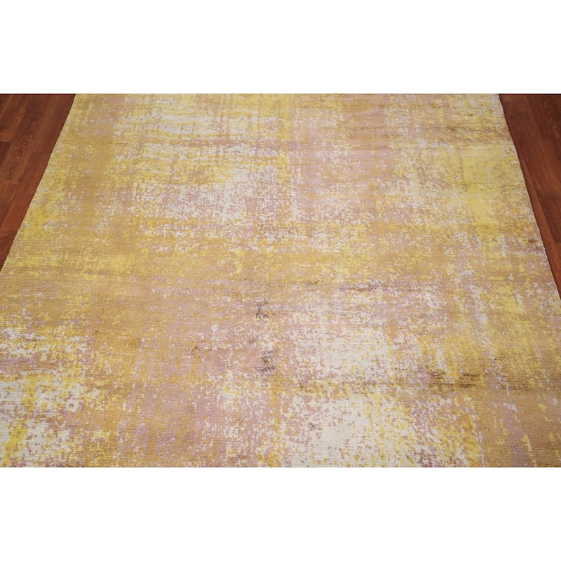 Contemporary Indian Area Rug Handmade Abstract Yellow Wool Carpet - 5'0" x 7'11"