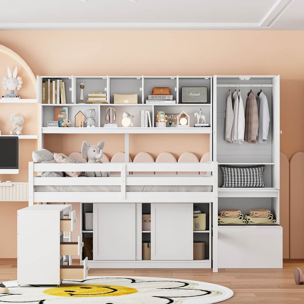 Full Size White Loft Bed with Storage, Desk, Drawers, and Shelves