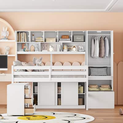 Full Size Wooden Loft Bed Big Storage with Under-bed Desk, with Drawers, with Shelves, White