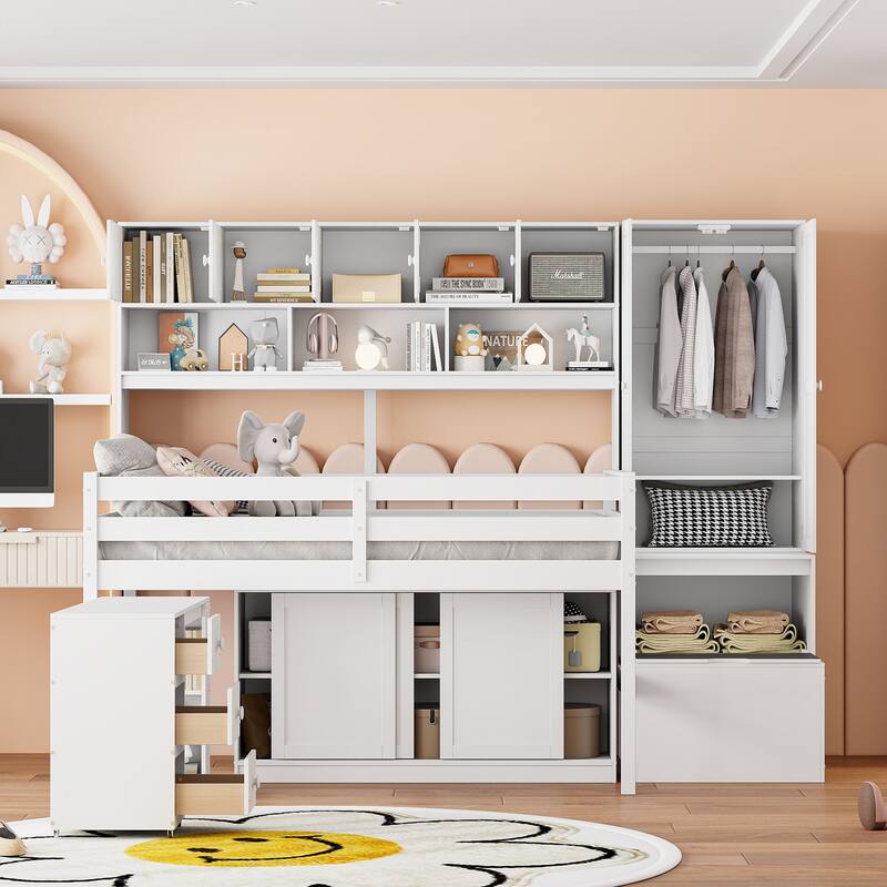 Full Size Wooden Loft Bed with Integrated Wardrobe and Under-bed Desk - Full - White