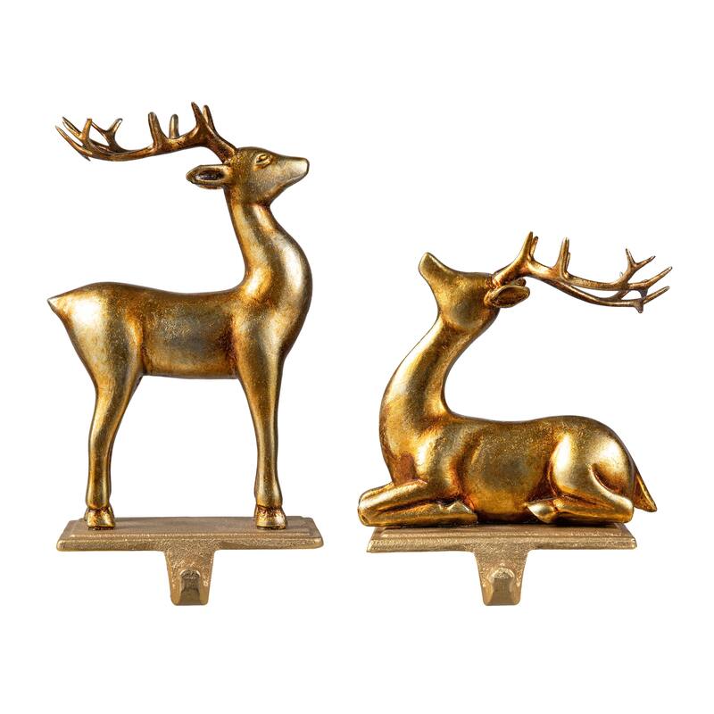 Glitzhome 7.75"H Set of 2 Gold Resin Standing & Sitting Reindeer Stocking Holders