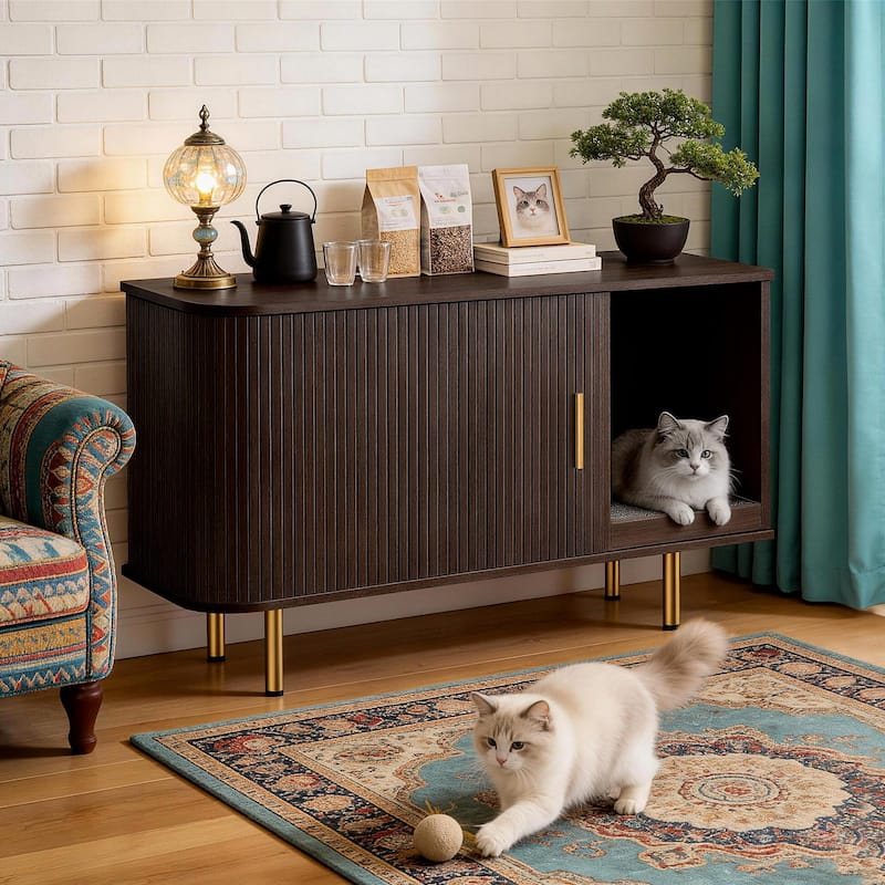 38.5" Cat Litter Box Enclosure with Scratch Pad and Sliding Door,Cat Hidden Litter Box Cabinet,Modern Indoor Cat House,TV Stand