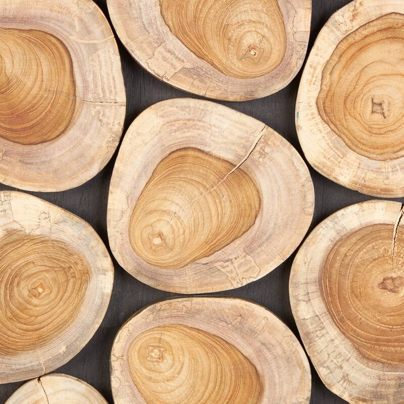 Brown Teak Wood Handmade Round Mosaic Inspired Wood Slab Abstract Home Wall Decor with Black Backing