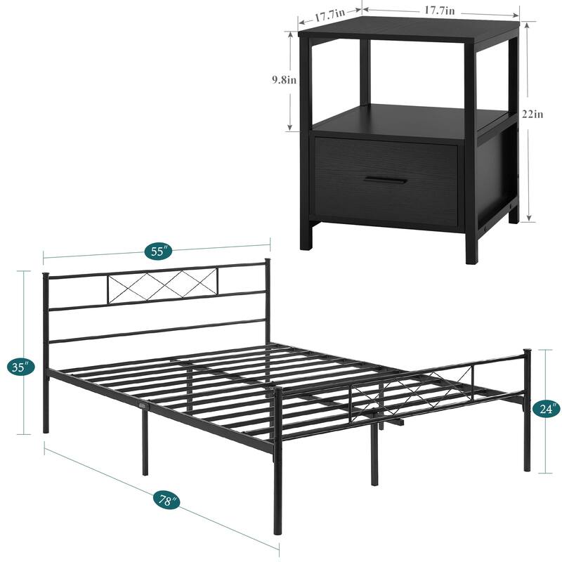 VECELO Industrial 3-Piece Bedroom Set Metal Bed Frame with Headboard and Modern Nightstand Set of 2