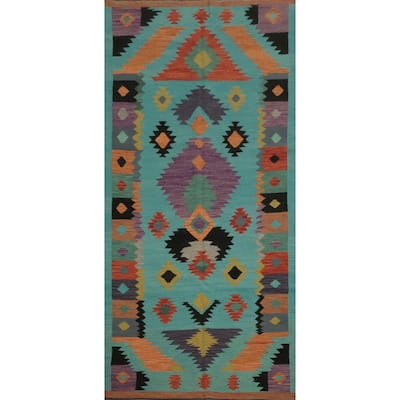 Hand Woven Oriental 100% Wool Carpet Southwestern Modern Navy Blue & Blues Kilim Area Rug - 11' 6'' X 4' 10''