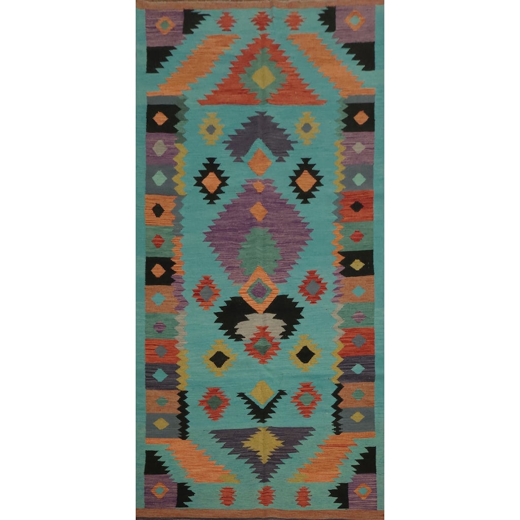 Hand Woven Oriental 100% Wool Carpet Southwestern Modern Navy Blue & Blues Kilim Area Rug - 11' 6'' X 4' 10''