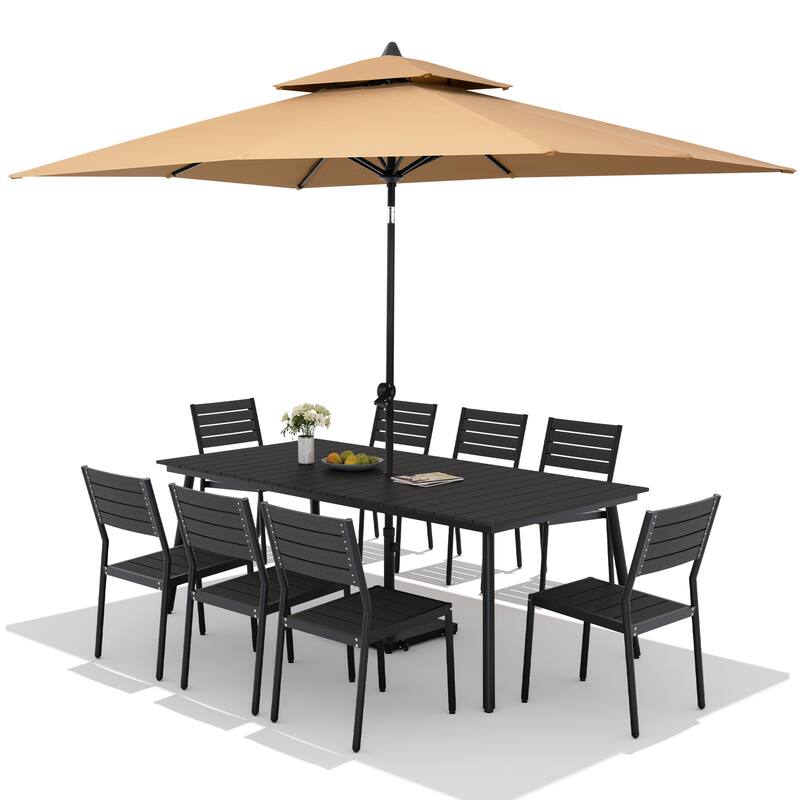 11PC Outdoor Patio Dining Set Aluminum Table with Stackable Chairs w/ Premium Market Umbrella Sets