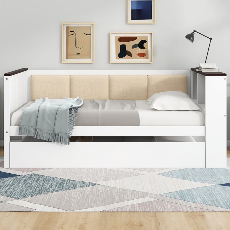GDFStudio - Wood Daybed with Storage Shelves, Upholstered Backrest, Trundle and USB