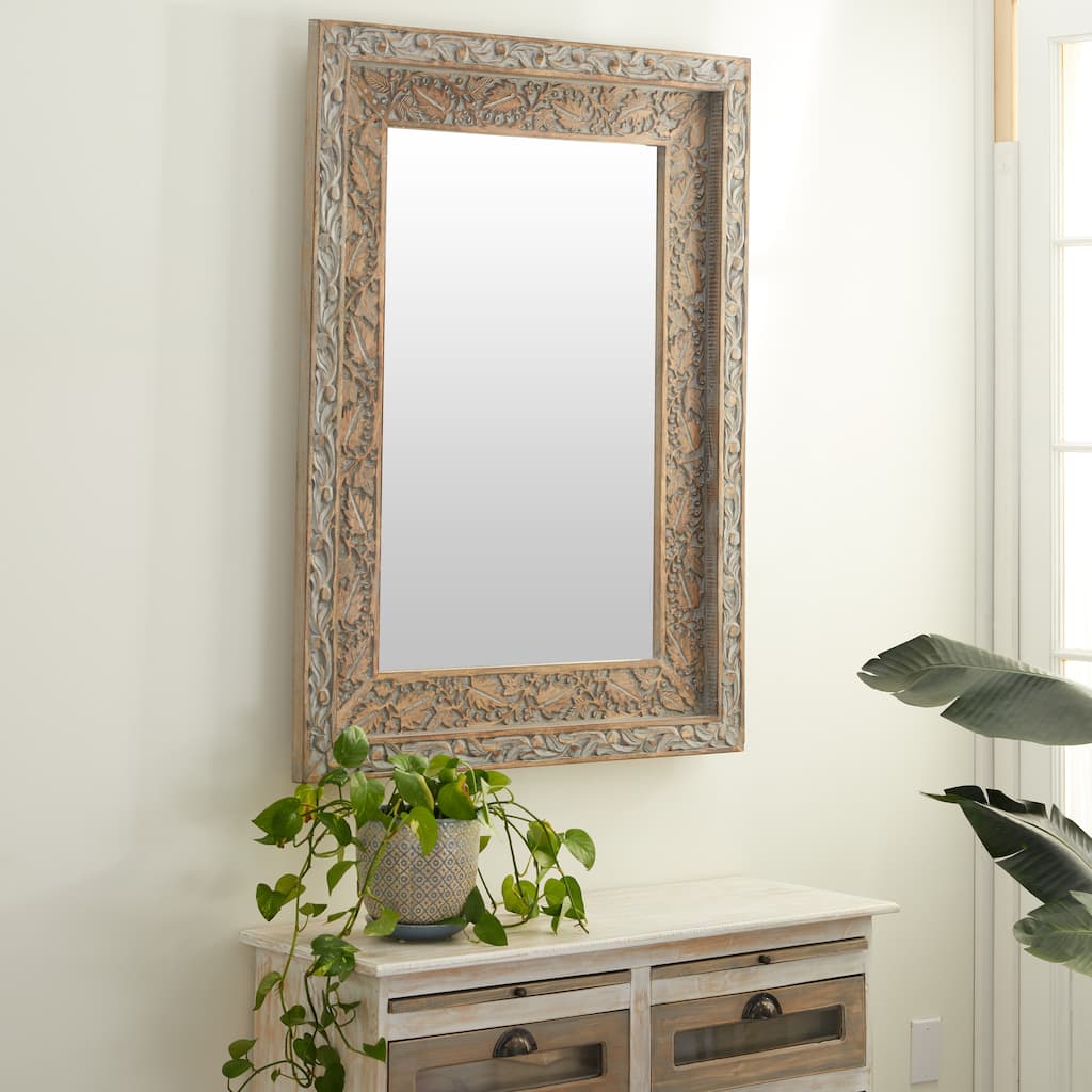 Gray Wood Handmade Intricately Carved Floral Room Wall Mirror