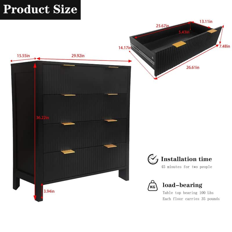 4 Drawer Fluted Dresser for Bedroom, Modern Wood Chest with Gold Handles, Narrow Storage Cabinet or TV Stand