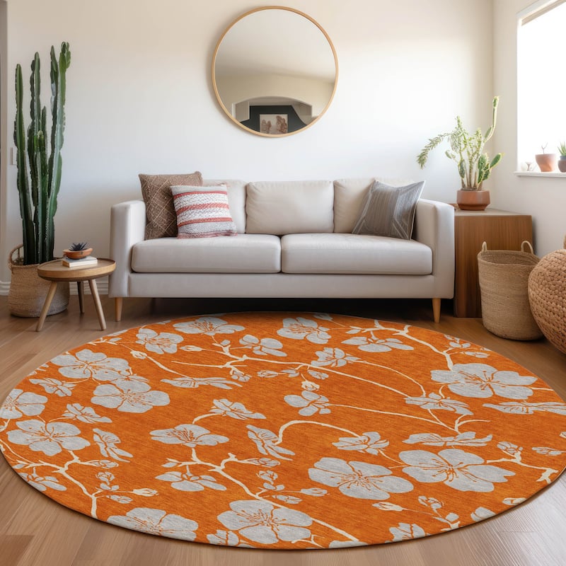 Machine Washable Indoor/ Outdoor Floral Zen Chantille Rug - Orange - 8' x 8'