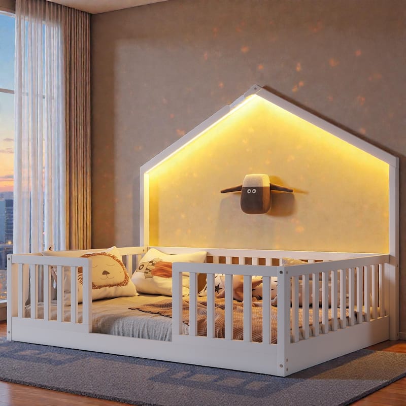 Wood Floor Bed with High Guardrails and LED Light, Montessori Style Low Profile Bed for Kids