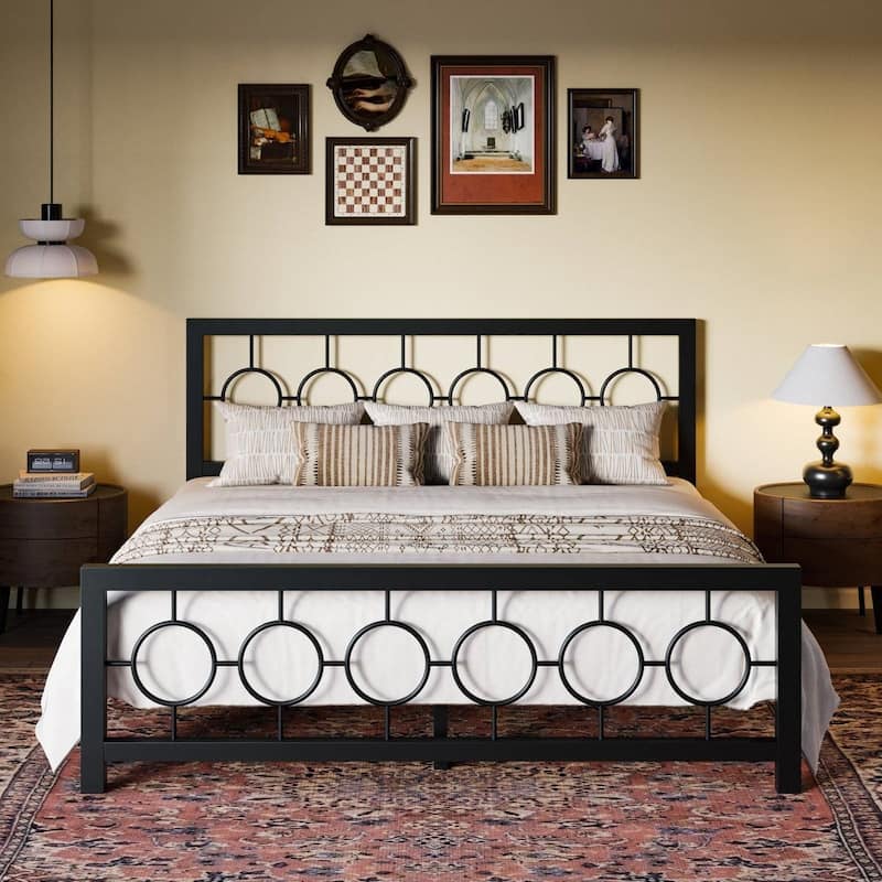 Art Deco Metal Platform Bed Frame with Openwork Headboard and Footboard Modern Iron Slat Support
