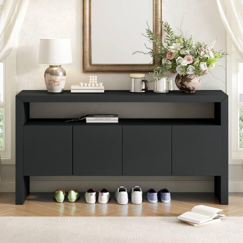 60" Modern 4-Door Sideboard with Open Shelf, Solid Wood Veneer Storage Cabinet for Living Room, Entryway (Black/Natural) - Black