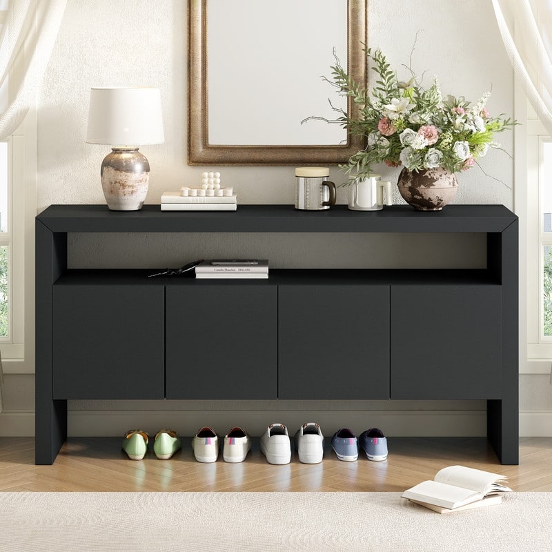 60" Modern 4-Door Sideboard with Open Shelf, Solid Wood Veneer Storage Cabinet for Living Room, Entryway (Black/Natural)