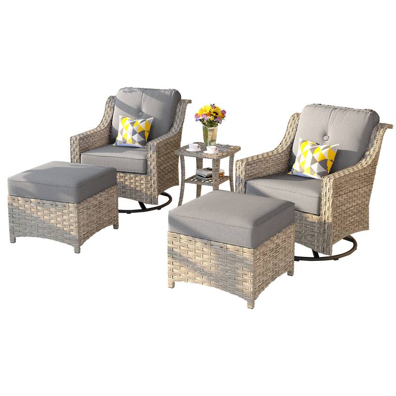 OVIOS 5 Pieces Outdoor Wicker Curved Swivel Chair Set With Ottoman