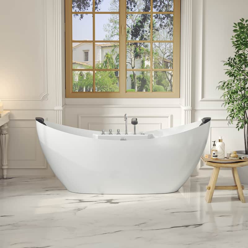67 in. x 28.7 in. Center Drain Freestanding Whirlpool Bathtub Hydrotherapy Jetted Soaking Bath Tub - Tub filler in White - 67in.