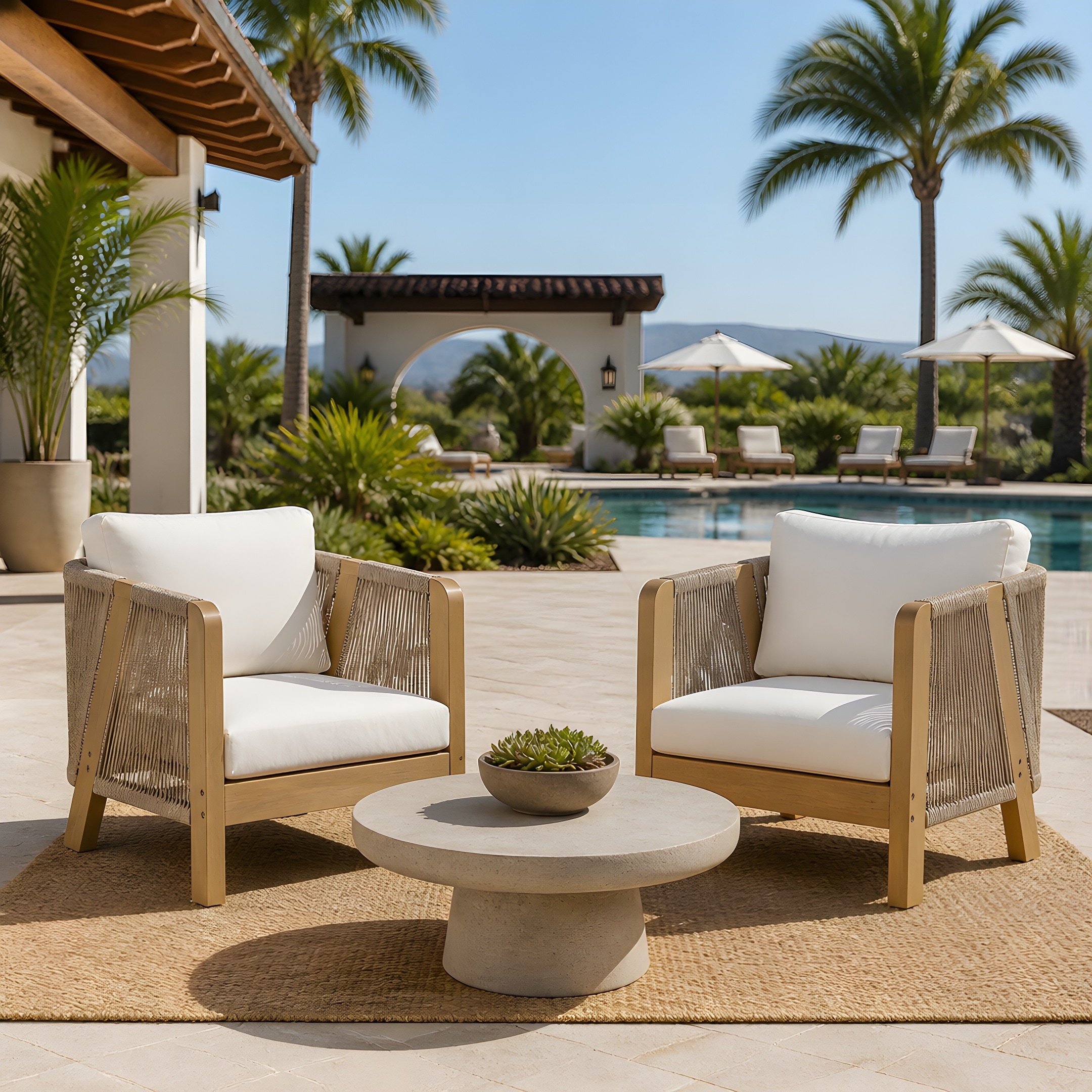 Christopher Knight Home - Railforge Set of 2 Outdoor Club Chair, Acacia Wood with Handwoven Rope Arms & Removable Thick Cushion