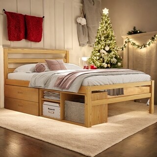 Natural Full Size Wood Platform Bed with Storage Shelves and 2 Under-bed Storage Drawers
