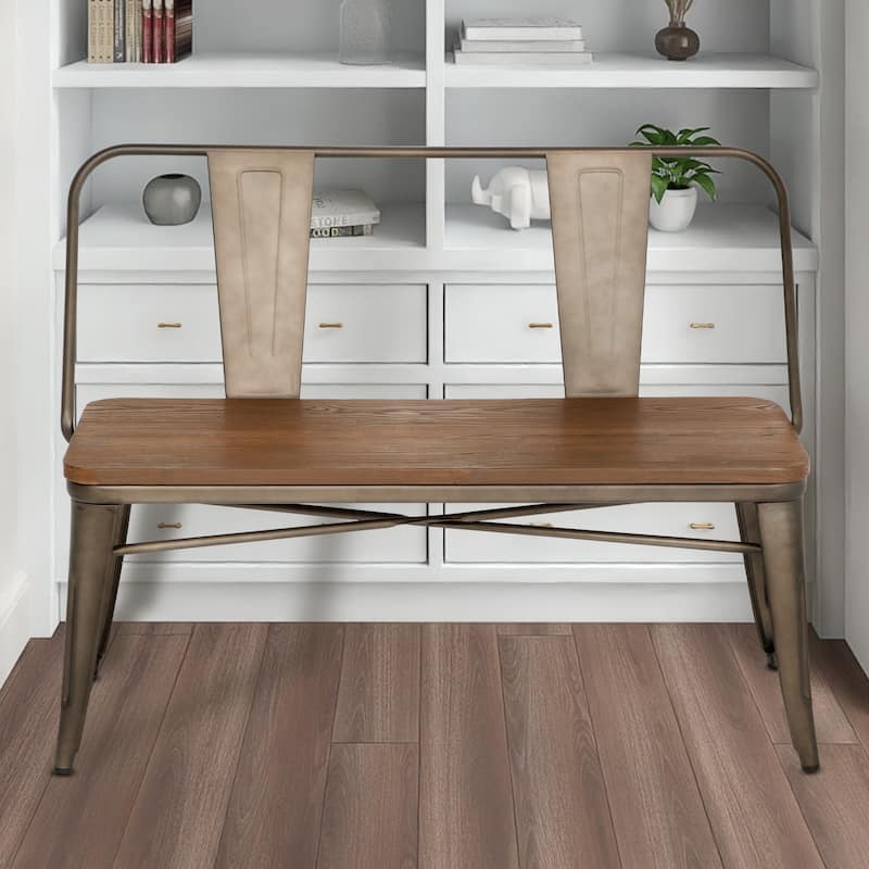 EROMMY Farmhouse-Style Dining Bench with Backrest, Industrial Metal Entryway Bench with Wooden Seat, Seats 3,Brown - 42'' - Brown