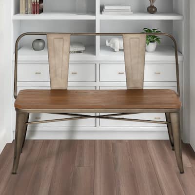 EROMMY Farmhouse-Style Dining Bench with Backrest, Industrial Metal Entryway Bench with Wooden Seat, Seats 3,Brown - 42''