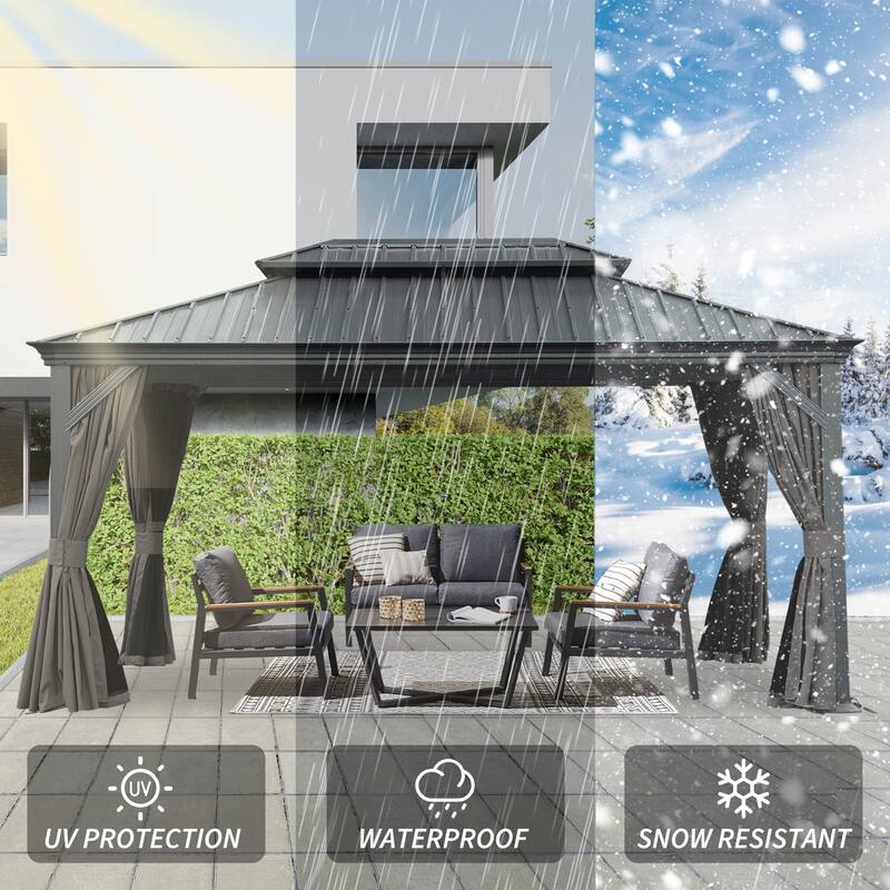 12' X 16' Hardtop Gazebo with Drainage System, Galvanized Steel Roof, Curtains, and Netting for Outdoor Living
