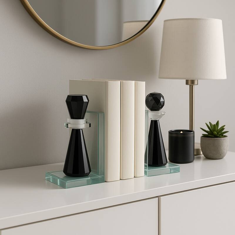 Modern Crystal Glass Chess Piece Inspired Bookends - Set of 2, 7", Clear - 7.0"