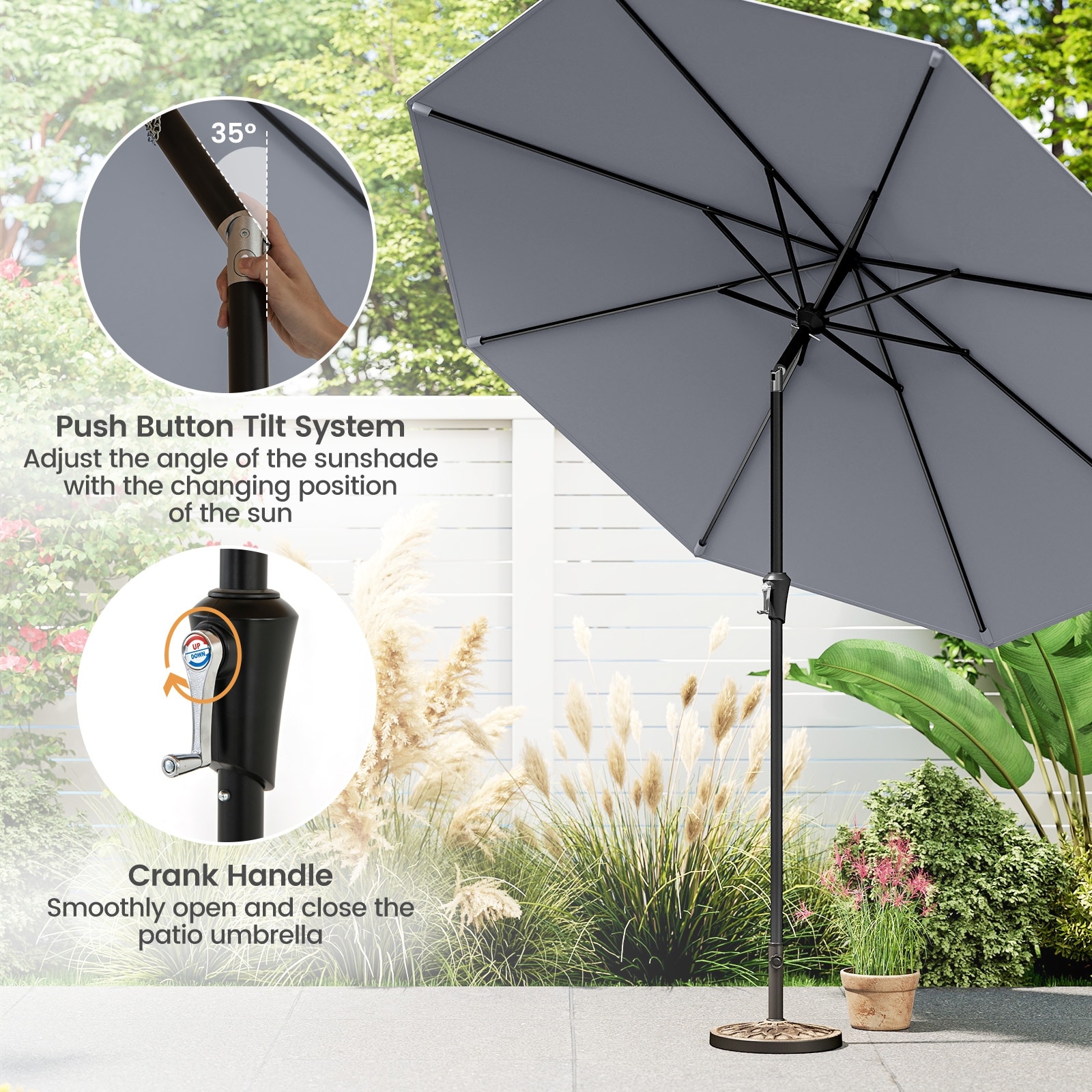 heavy duty patio umbrella pole with button lock Aoodor Base Wheels and Pull Rod 8 umbrella ribs add support for steadier shade Maple99 Umbrella Base - Fillable