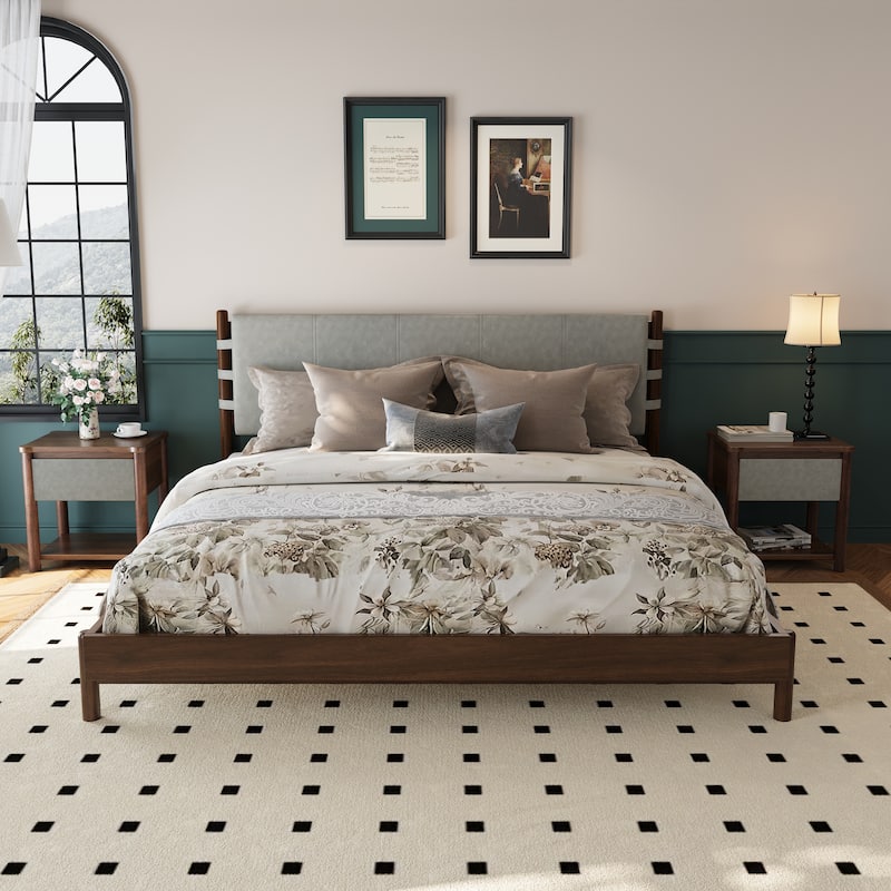 Low-profile Platform Bed Frame with Upholstered Panel Headboard and Wood Slat Supports, Optional with 2 Storage Nightstands - Light Grey Walnut with 2 Nightstands - King