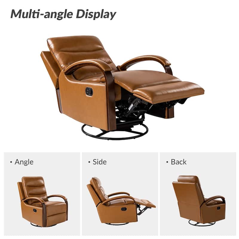 Leopold Modern Genuine Leather Swivel Rocking Manual Recliner Chair with Wooden Arm Accents by HULALA HOME