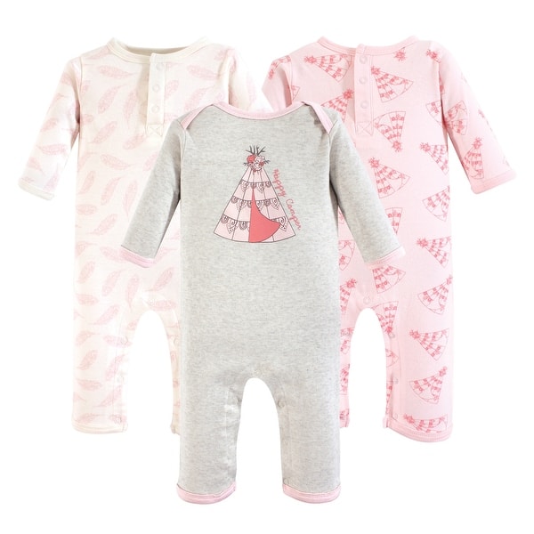 slide 1 of 1, Yoga Sprout Baby Girl Cotton Coveralls 3pk 0 - 3 Months - Pink