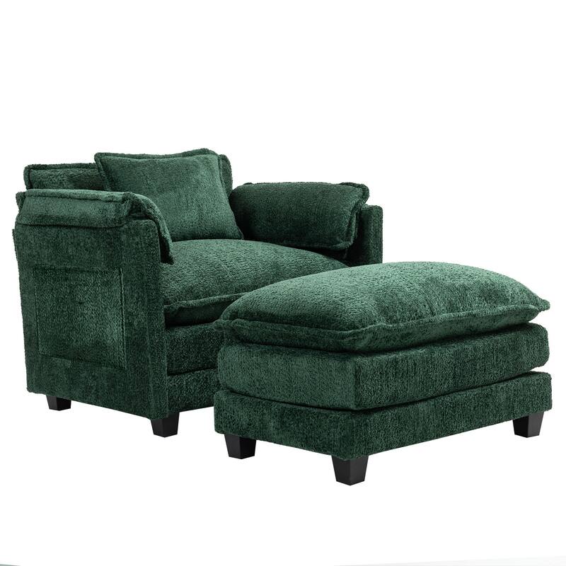 55" Oversized Single Sofa Chaise Lounge with Ottoman, Comfy Reading Chair Upholstered Sleeper Chair with Side Pockets