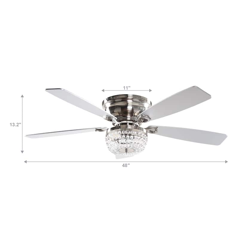 48" Satin Nickel Crystal Low Profile Ceiling Fan with Light and Remote Control